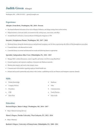 Allergist Resume