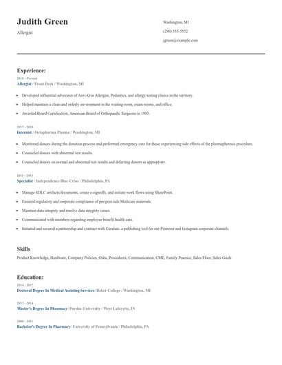 Allergist Resume