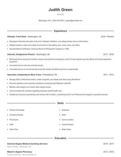 Allergist Resume