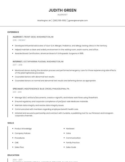 Allergist Resume