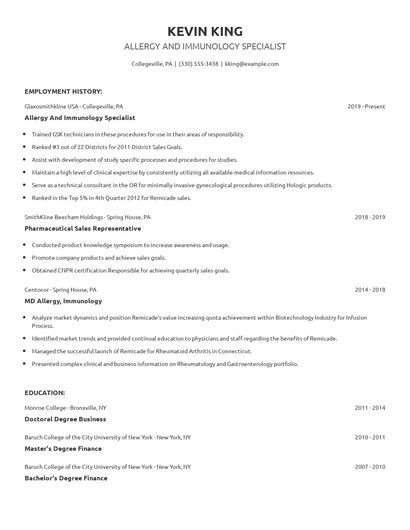 Allergy And Immunology Specialist Resume