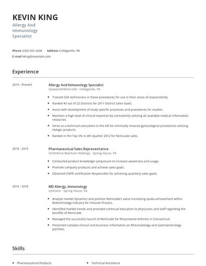 Allergy And Immunology Specialist Resume