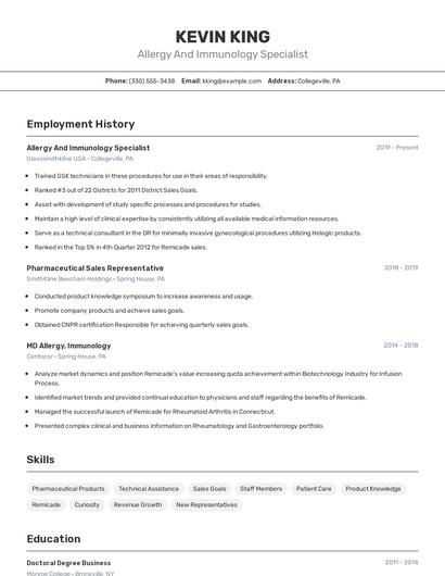 Allergy And Immunology Specialist Resume