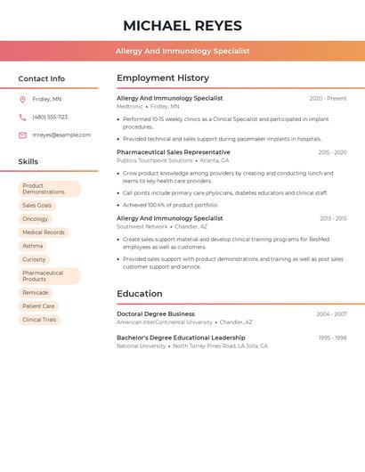 Allergy And Immunology Specialist Resume