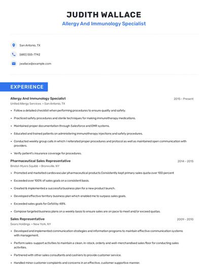 Allergy And Immunology Specialist Resume
