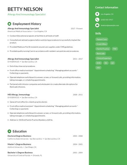 Allergy And Immunology Specialist Resume