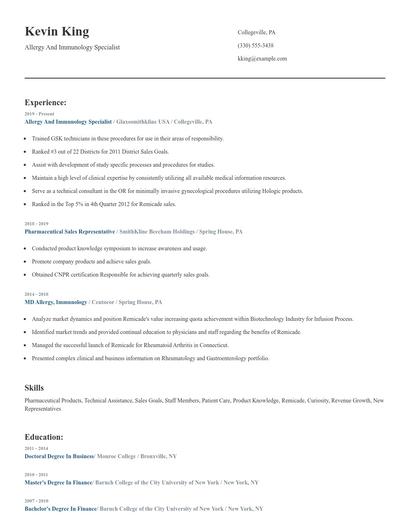 Allergy And Immunology Specialist Resume