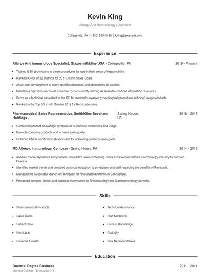Allergy And Immunology Specialist Resume