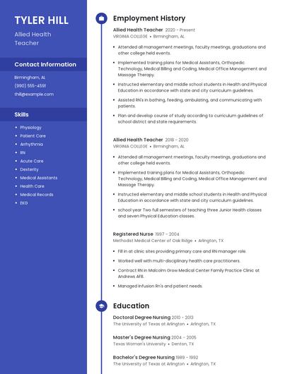 Allied Health Teacher Resume