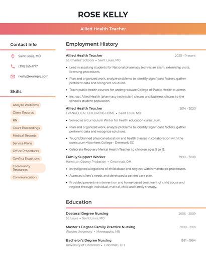 Allied Health Teacher Resume