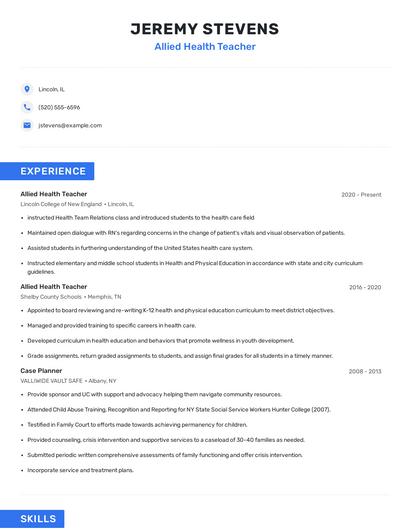 Allied Health Teacher Resume