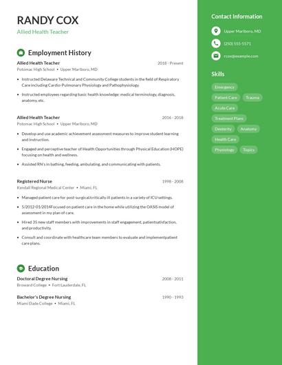 Allied Health Teacher Resume