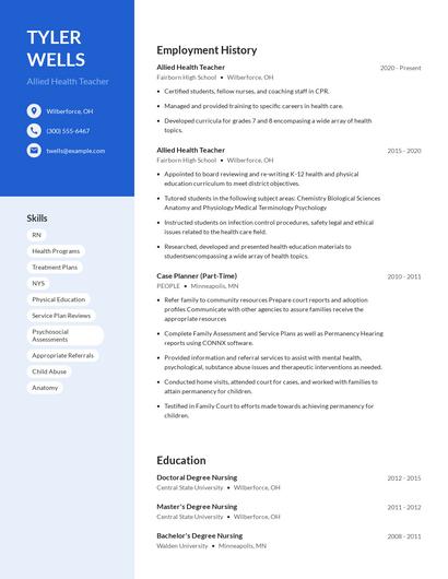 Allied Health Teacher Resume