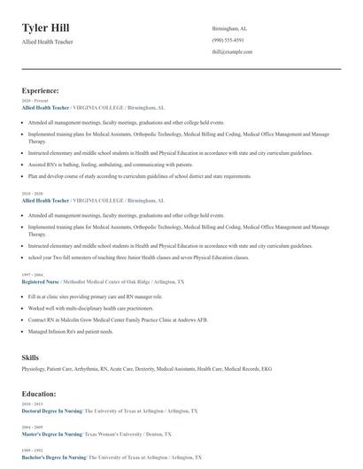 Allied Health Teacher Resume