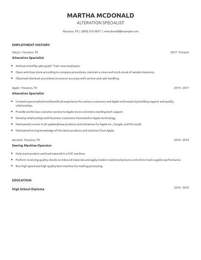 Alteration Specialist Resume