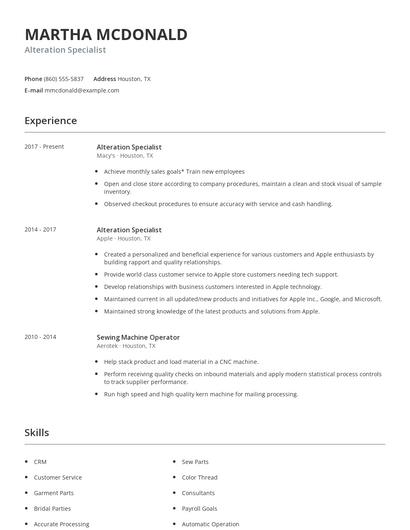 Alteration Specialist Resume