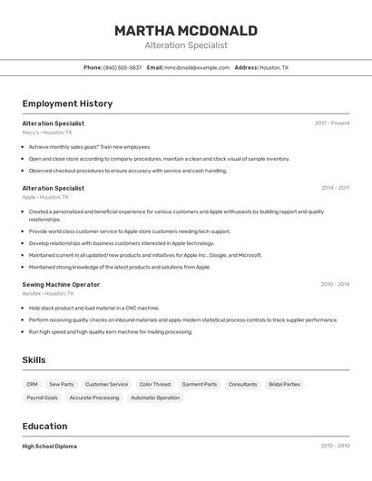 Alteration Specialist Resume