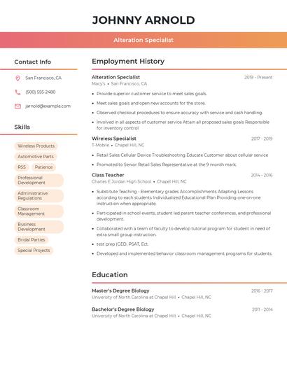 Alteration Specialist Resume