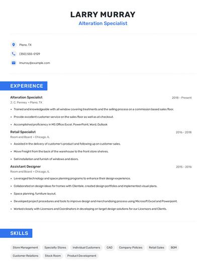 Alteration Specialist Resume