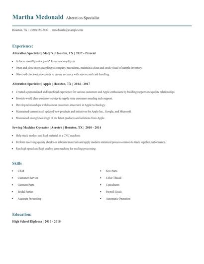 Alteration Specialist Resume