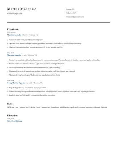 Alteration Specialist Resume