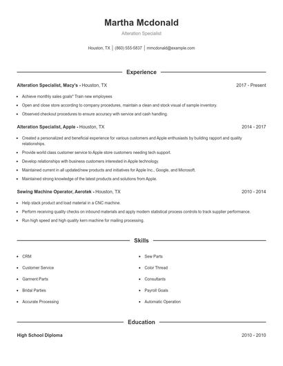 Alteration Specialist Resume