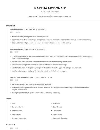 Alteration Specialist Resume