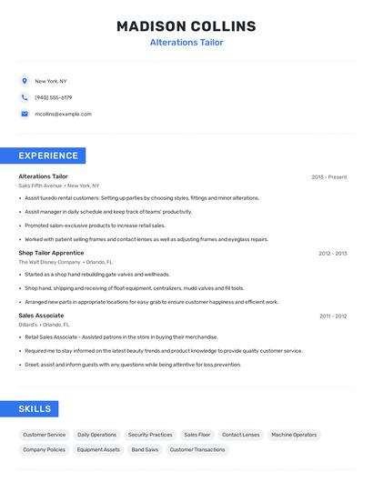 Alterations Tailor Resume