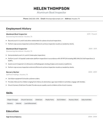 Aluminum Boat Inspector Resume