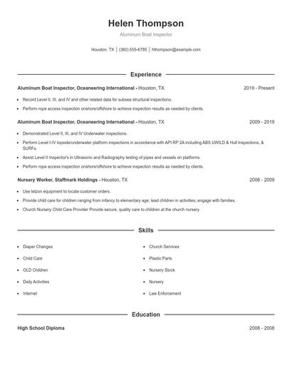 Aluminum Boat Inspector Resume