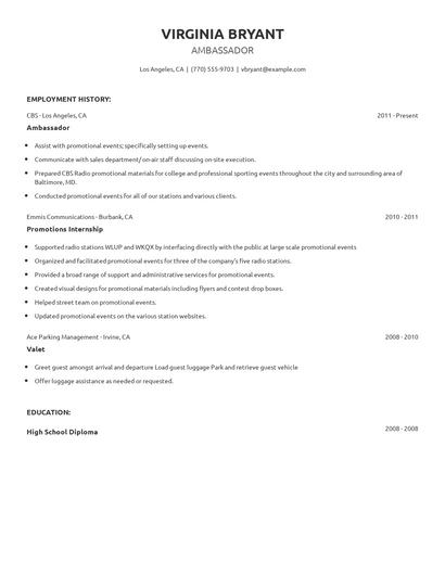 Ambassador Resume