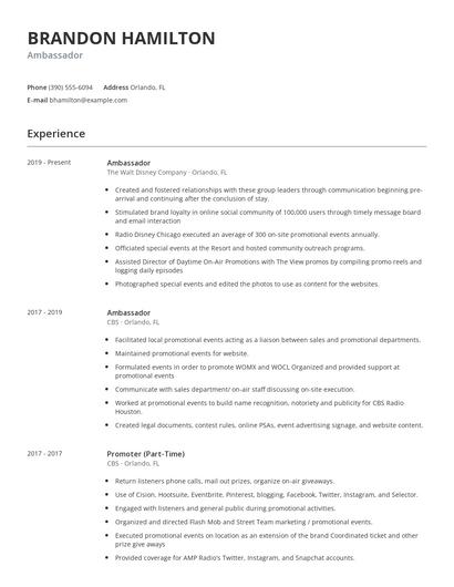 Ambassador Resume