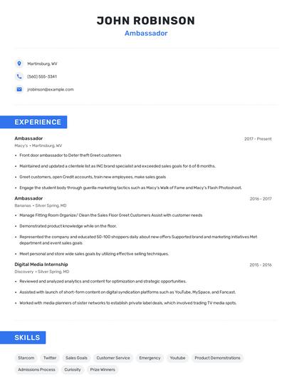 Ambassador Resume