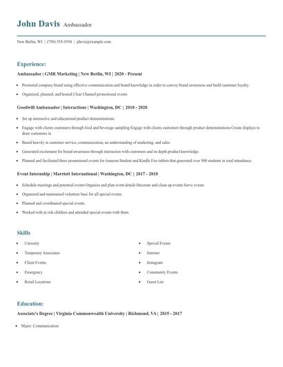 Ambassador Resume