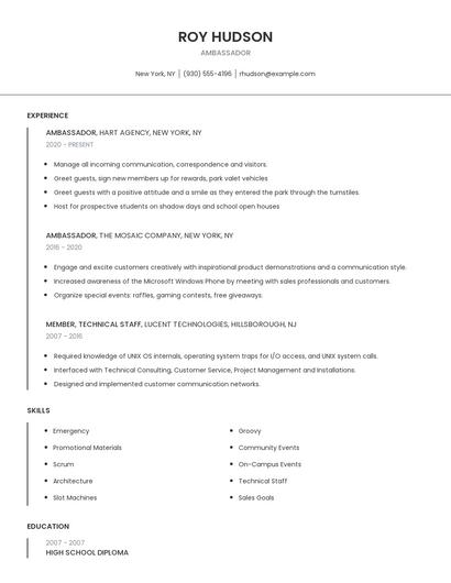 Ambassador Resume