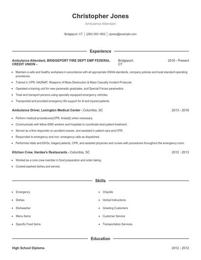 Ambulance Attendant Resume