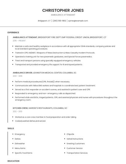Ambulance Attendant Resume