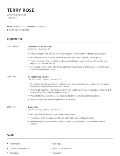 Americanization Teacher Resume