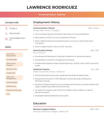 Americanization Teacher Resume