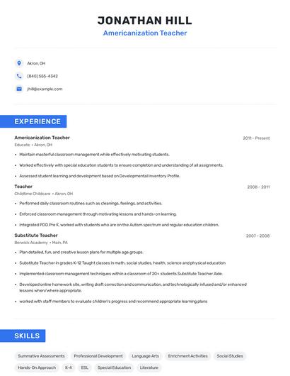 Americanization Teacher Resume