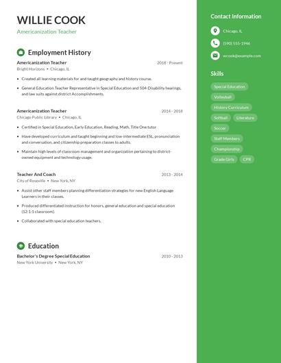 Americanization Teacher Resume