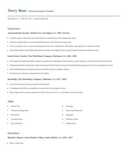 Americanization Teacher Resume