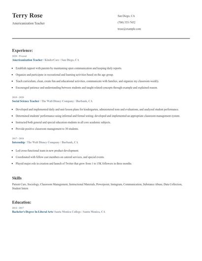 Americanization Teacher Resume