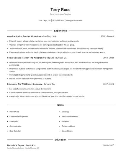 Americanization Teacher Resume