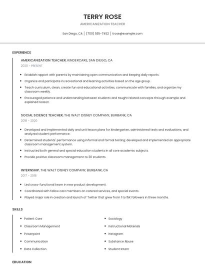 Americanization Teacher Resume
