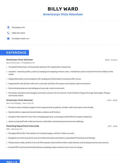 Americorps Vista Volunteer Resume