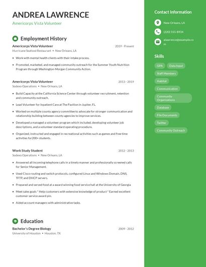 Americorps Vista Volunteer Resume