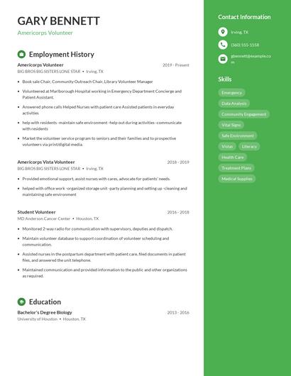 Americorps Volunteer Resume