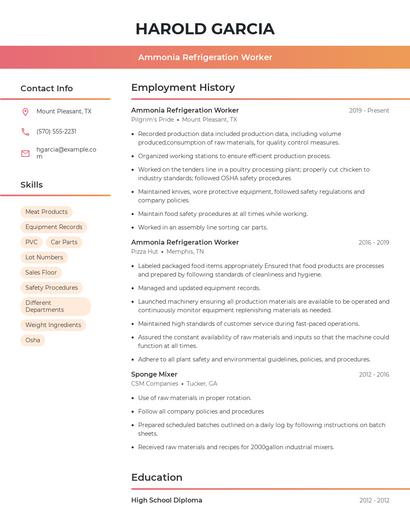 Ammonia Refrigeration Worker Resume