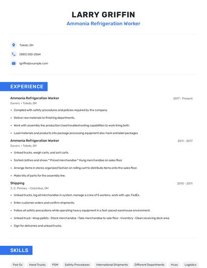 Ammonia Refrigeration Worker Resume